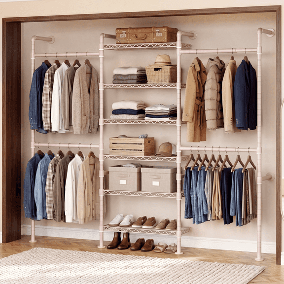 ROGALIS H3 Wall Mounted Clothes Rack, Industrial Pipe Closet Organizers System with 4 Telescopic Rod & 6 Shelves