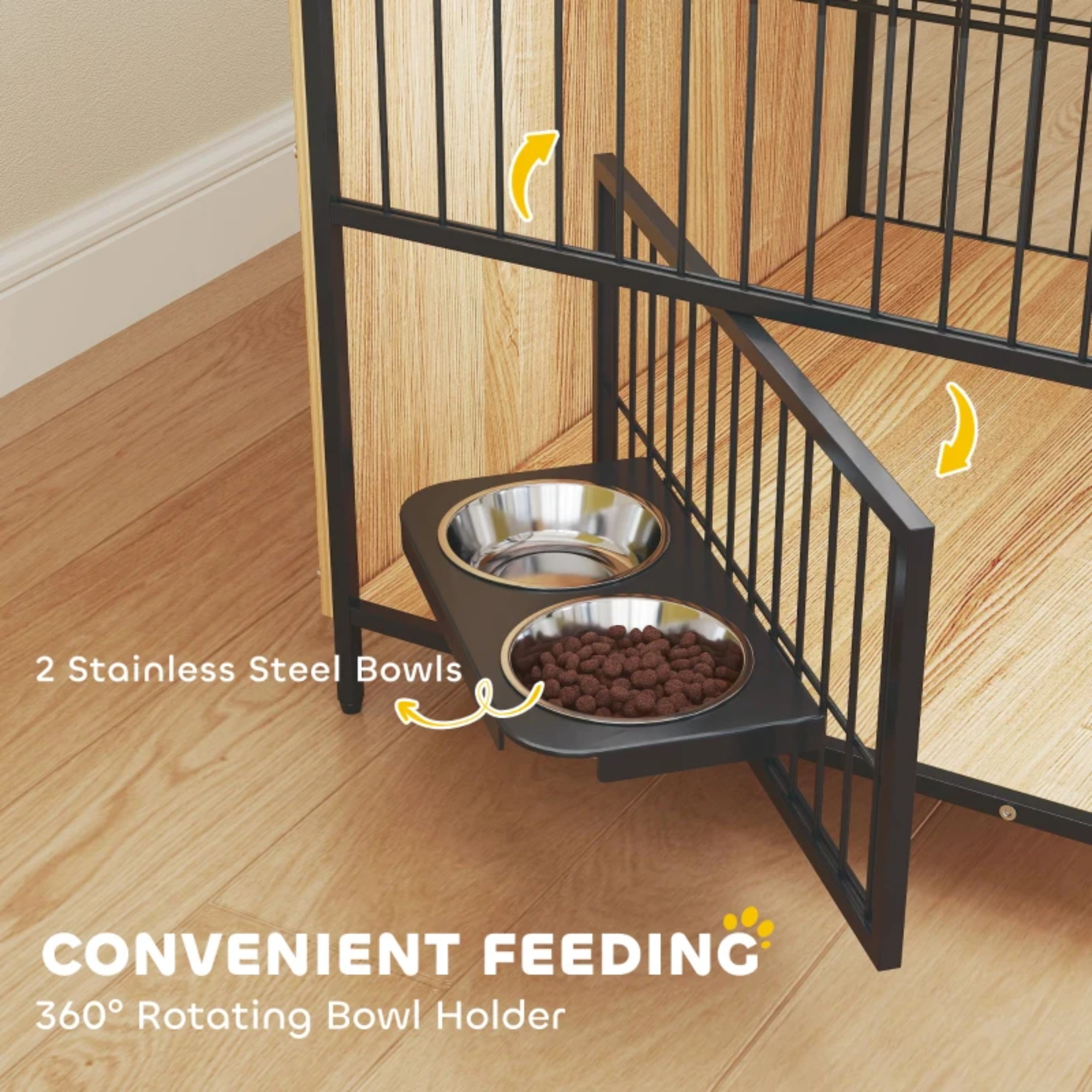 Pefilos 31" Furniture Style Dog Crate with Rotatable Feeding Bowl, 2 Anti-Escape Doors, Indoor Pet Kennel Dog Cage for Medium Dogs, Beige
