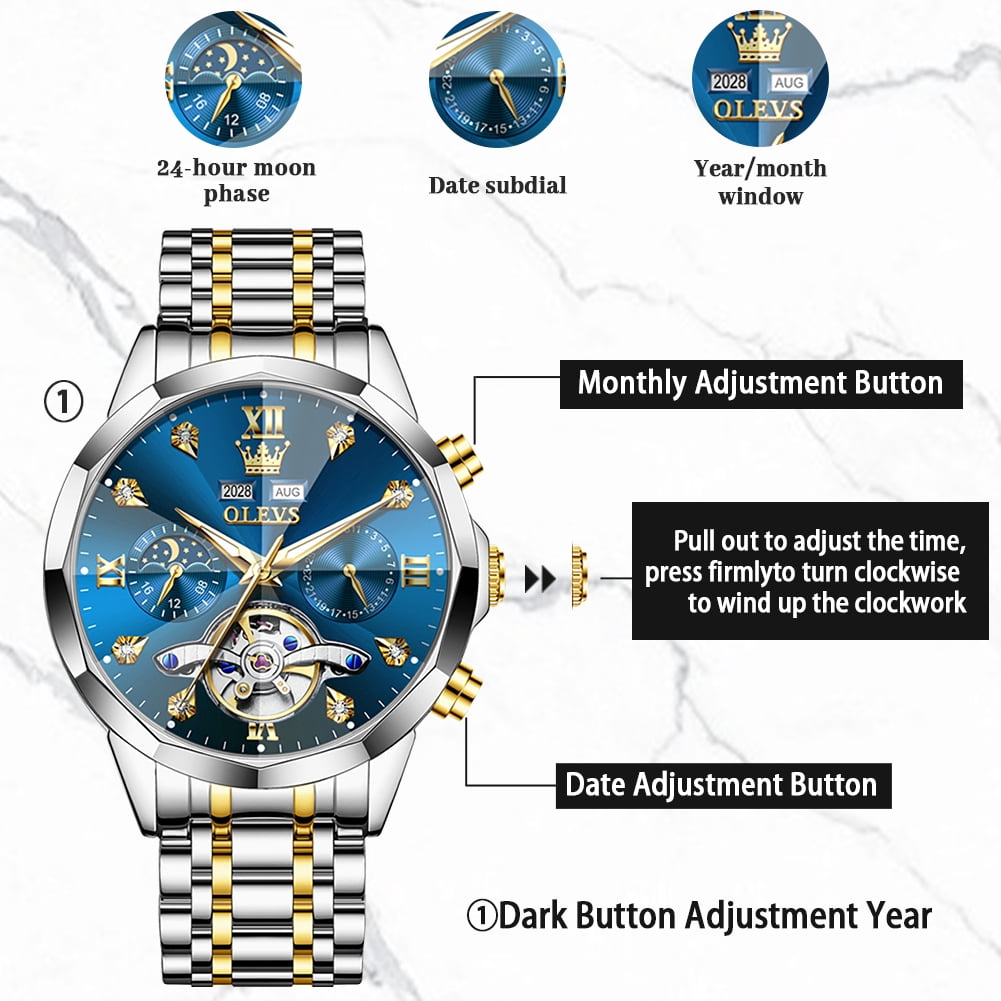 OLEVS Automatic Watches for Men Luxury Dress Waterproof Self Winding Mechanical Moon Phase Chronograph Stainless Steel Luminous Diamond Date Skeleton Tourbillon Wristwatch for Men Reloj Para Hombre