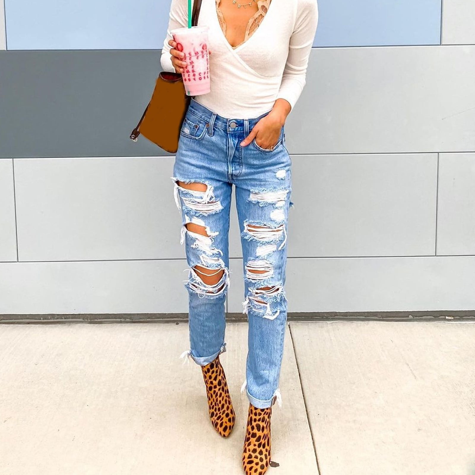 Styling ripped mom jeans Clearance