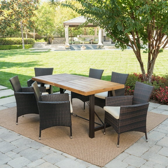 Phoenix Outdoor 7 Piece Dining Set with Wood Table and Wicker Dining Chairs with Cushions, Teak Finish, Multibrown, Beige