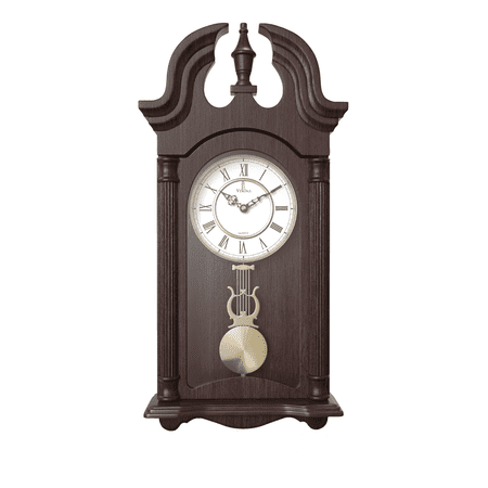 Pendulum Wall Clock, Silent Decorative Wood Pendulum Clock with Swinging Pendulum, Battery Operated, Dark Wooden Design, for Living Room, Dining Room, Kitchen, Office & Home Décor, 23.5x9.25 Inch