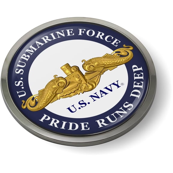BestLicensePlateFrames - U.S. Navy Submarine Force - Pride Runs Deep with Gold Dolphins Officer Insignia 3D Domed CAR Emblem Badge Sticker Chrome Metal Bezel - Official U.S. Navy Licensed Product