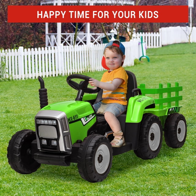 Kojooin Kids Ride On Tractor with Detachable Trailer, 12V Electric Ride On Toy with Remote Control and LED Headlights