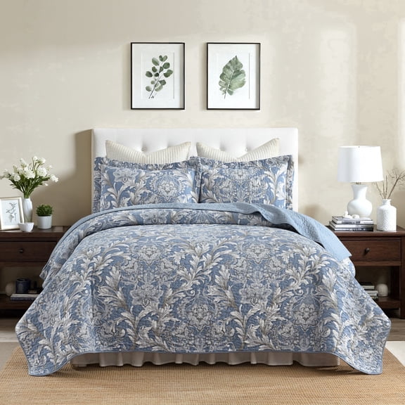 BCOTTON King Quilt Set, Luxury Blue Floral Bedding, 100% Cotton Reversible Bedspread for King Bed, All Season Lightweight, 3 Piece, Blue and White