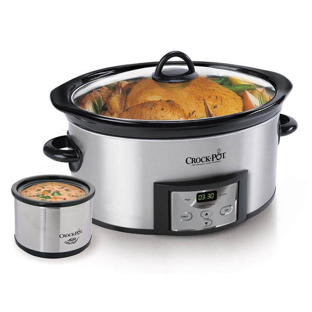 Crock-Pot SCCPVC605-S Olla de cocción lenta ovalada programable con cuenta regresiva de 6 cuartos con cucharón, acero inoxidable