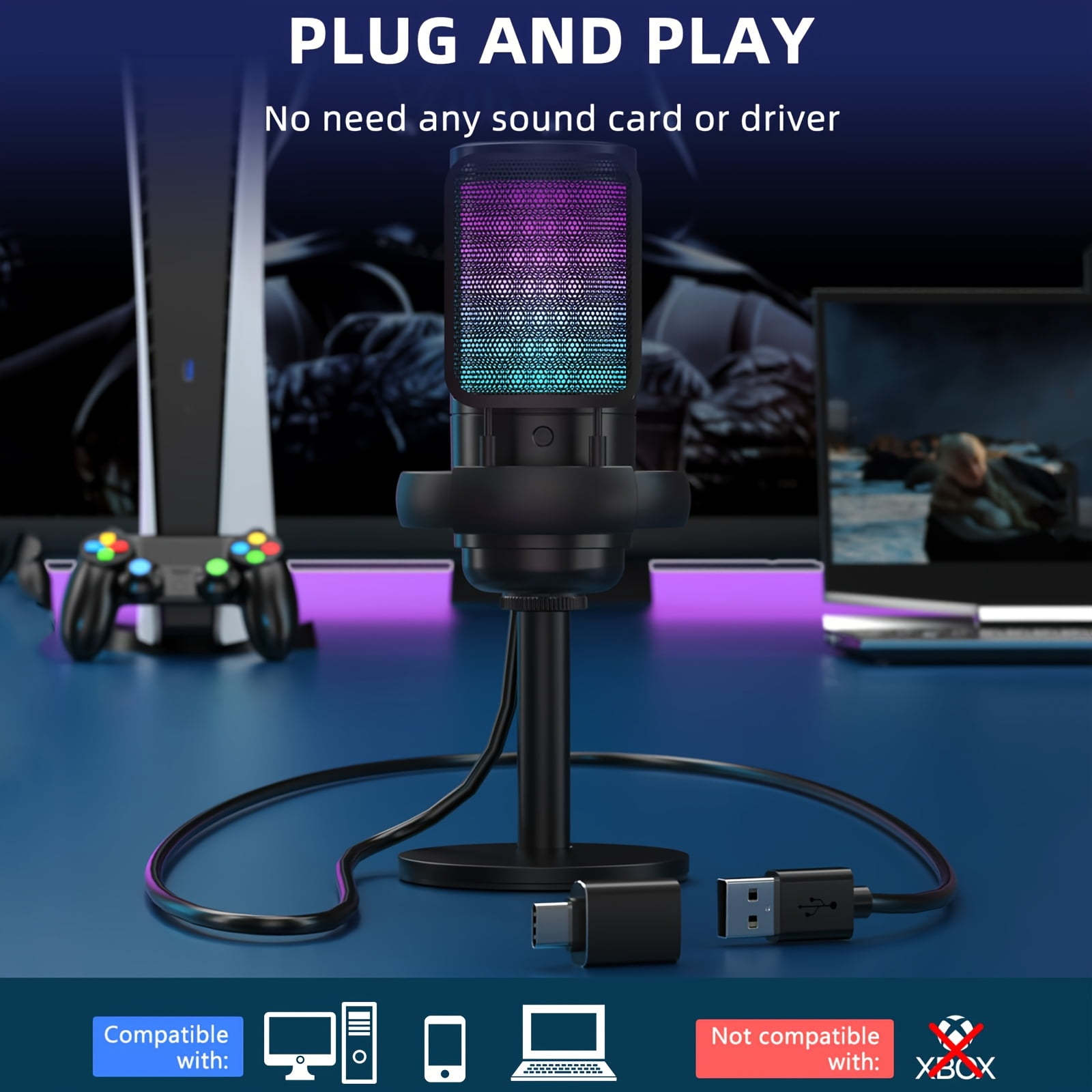 USB Microphone for Gaming on PC And PS4/5, Featuring a Condenser Mic with Instant Mute, RGB Light, Tripod Stand, Pop Filter, Shock Mount, And Gain Control, Ideal for Podcasts, Videos, And Streaming