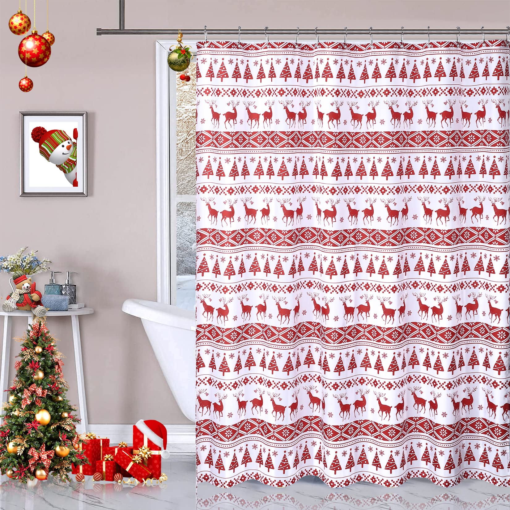 Christmas Boho Shower Curtain, Christmas Tree and Deer Holiday Home Bathtubs Water Resistant