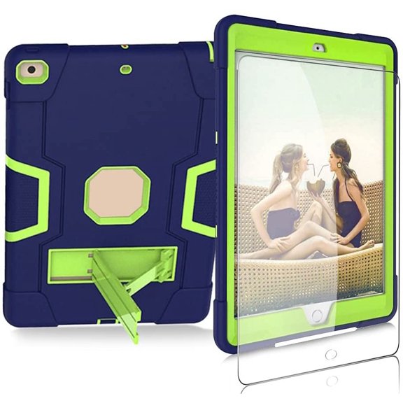 SOATUTO Case for Apple iPad 9th For iPad 9th 8th 7th Generation 2021 2020 2019 Model 10.2 Inch Tablet Case Come with HD Clear Tempered Glass Screen Protector - 1 Pcs Screen Protector/Navy Green