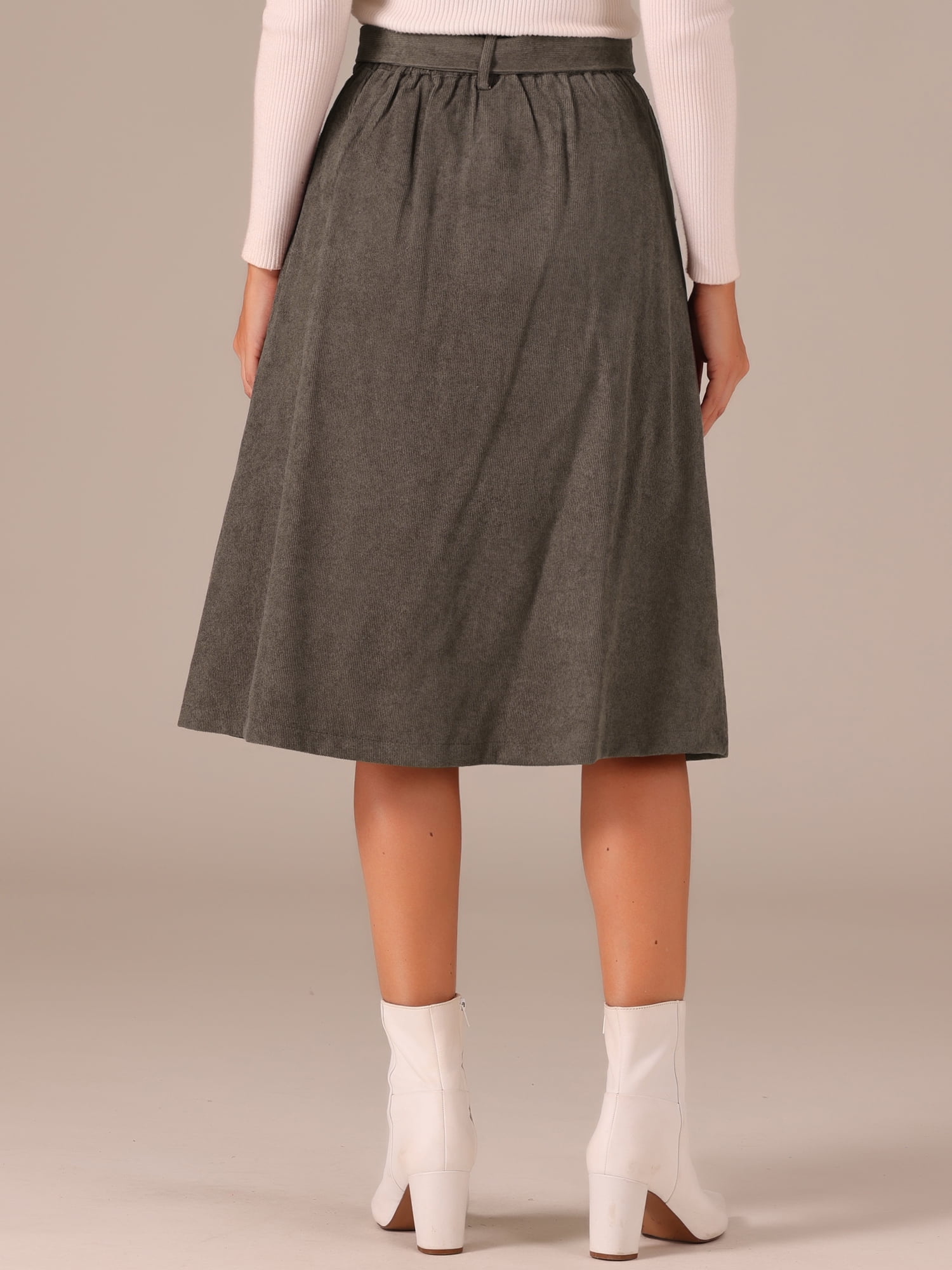 DARING DIVA Women's A-Line Button Front Belted Midi Skirts L Gray Brown