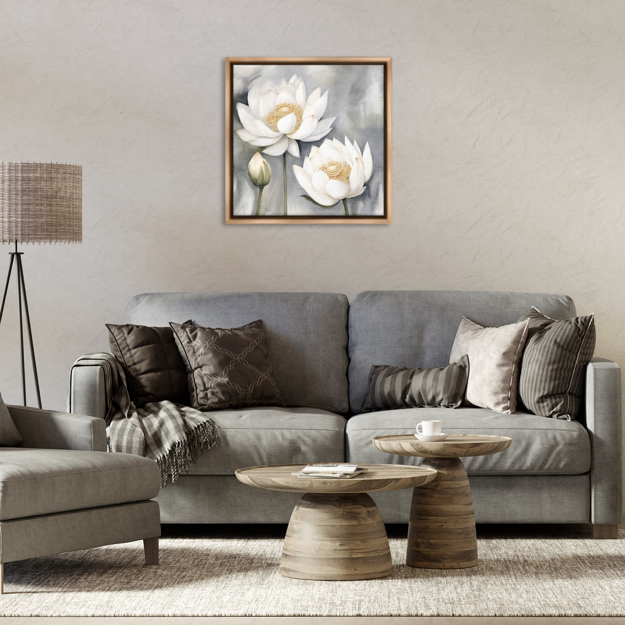 Stupell Industries White Lotuses on Grey Plants & Flowers Painting Brown Floater Framed Canvas Art Print Wall Art, 25 x 25