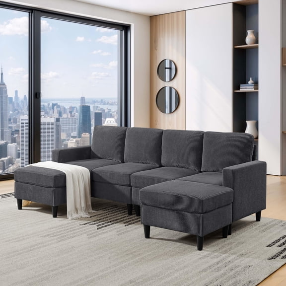 Jopath 101" Modular Sectional Sofa with Movable Ottoman, U Shaped Cordory Upholstered Sofa Couch for Living Room,4-Seat,Dark Gray