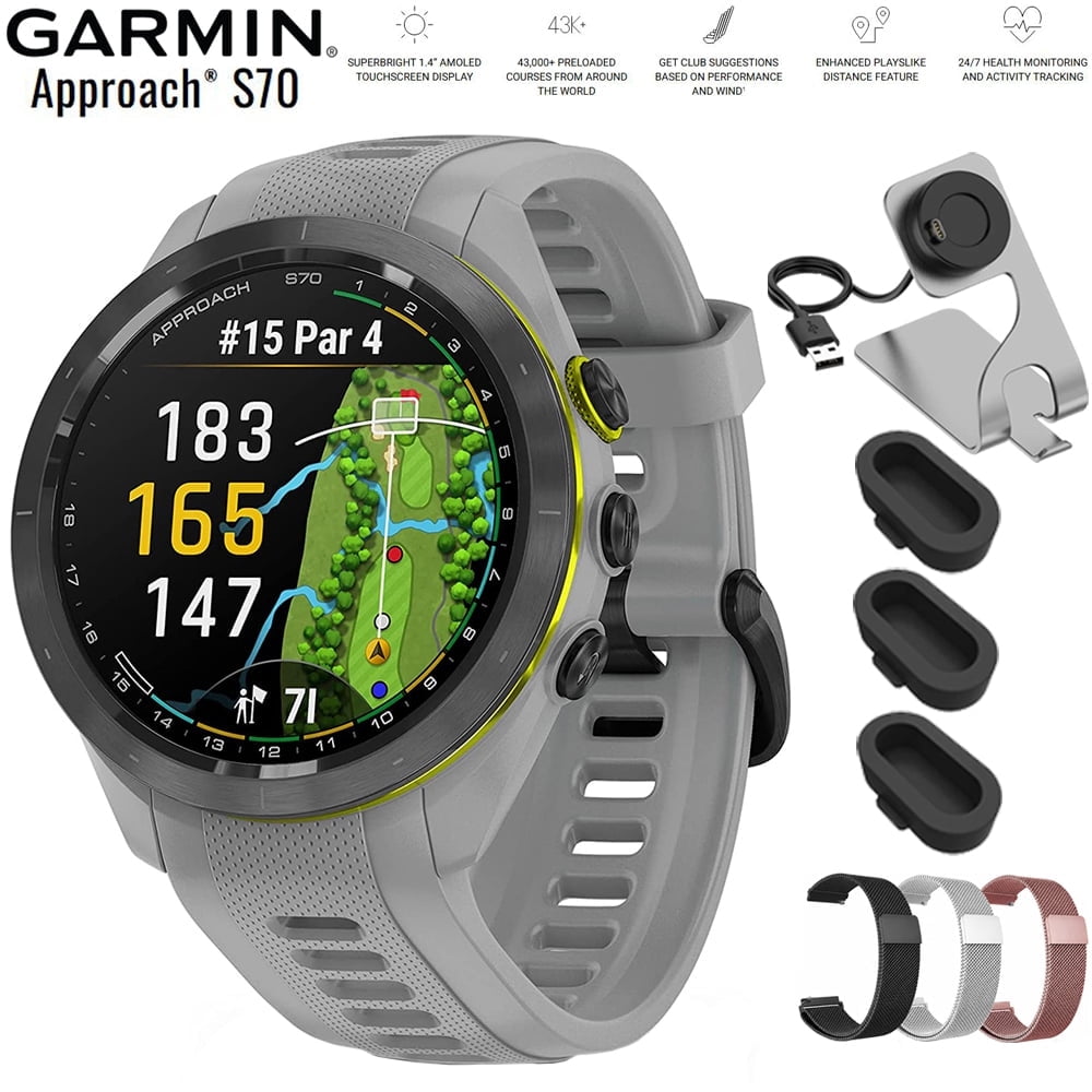 Garmin Approach S70 42 mm Premium GPS Golf Watch Powder Grey Band 010-02746-01 Bundle with Deco Essentials 20mm Milanese Band 3 Pack, Charging Dock and Silicone Dust Cover 3 Pack