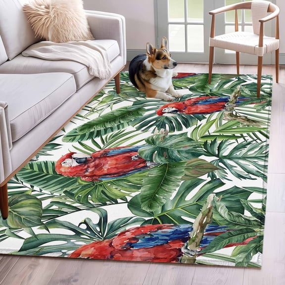 Tropical Plants Area Rugs 3'x5', Washable Small Throw Rugs for Living Room Bedroom, Summer Watercolor Parrots Green Leaves Indoor Outdoor Rug Non-Slip Low Pile Carpet Runner Reversible Floor Mats
