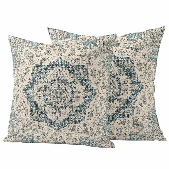 Beige Green Boho Outdoor Waterproof Pillow Covers, Medieval Vintage Ethnic Floral Abstract Decorative Square Throw Pillowcase Sofa Cushion Sham for Patio/Couch/Chair, 26"x26" 2 Pack