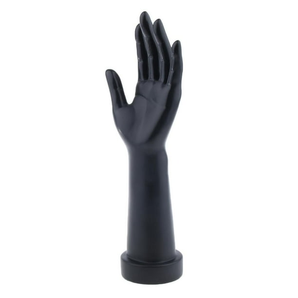 Mano de maniquí negra: modelo para exhibir joyas, pulseras, anillos y relojes. Izquierda