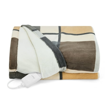 Sunbeam Oversized Throw Neutral Plaid Microplush  4 Heat Settings  4-Hour Auto Shut-Off  Electric Heated Blanket  60  x 80