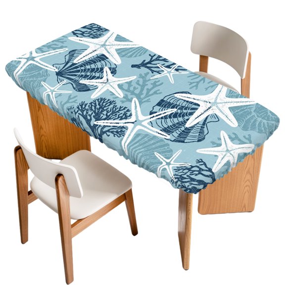Fitted Tablecloth for 6 ft Rectangle Tables Indigo Linen Ocean Starfish Table Cover with Elastic Edge Coastal Coral Conch Waterproof Table Clothes for Patio Garden Dinner Party Picnic Decor