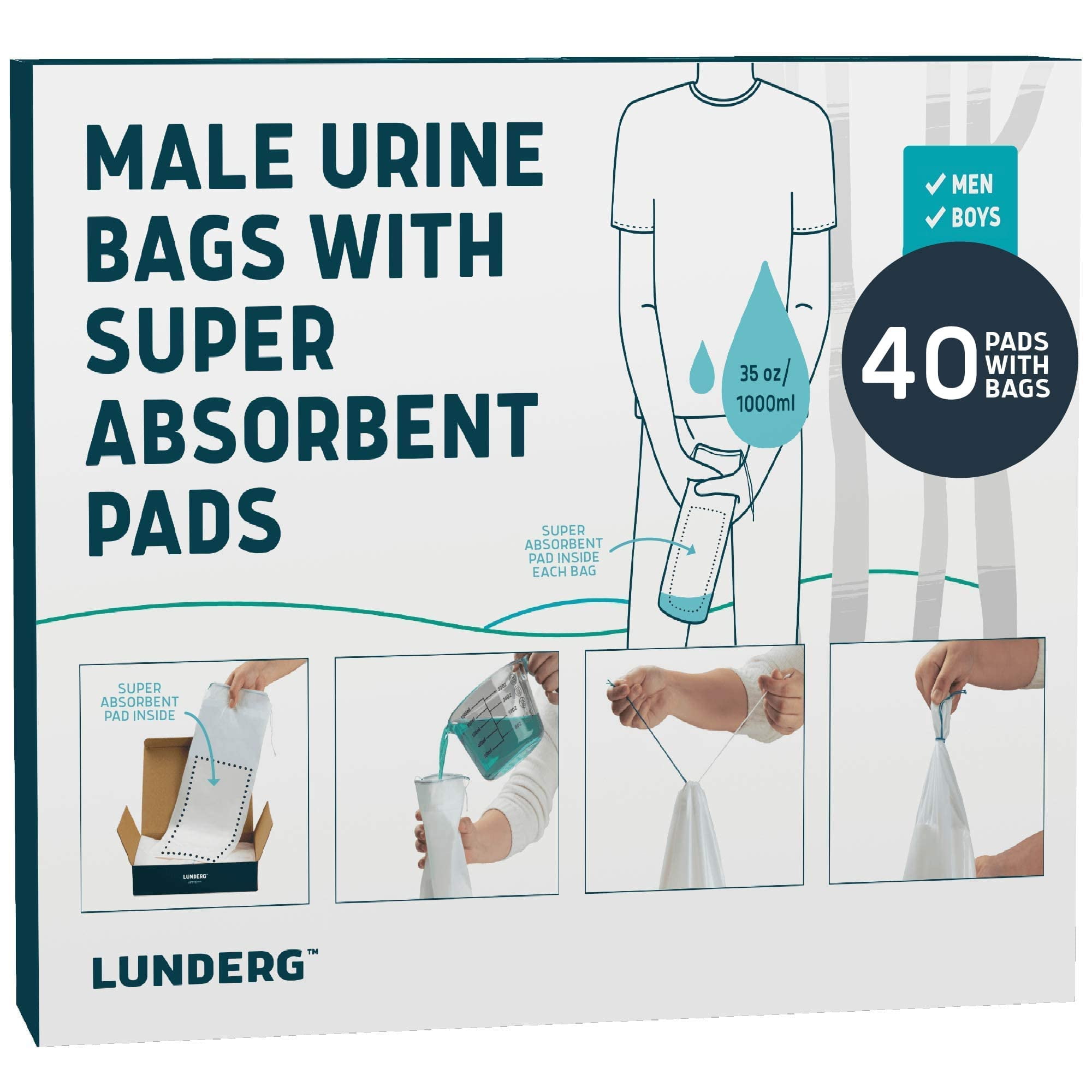 Lunderg Disposable Urine Bags for Men with Super Absorbent Pad Value Pack 40 Count