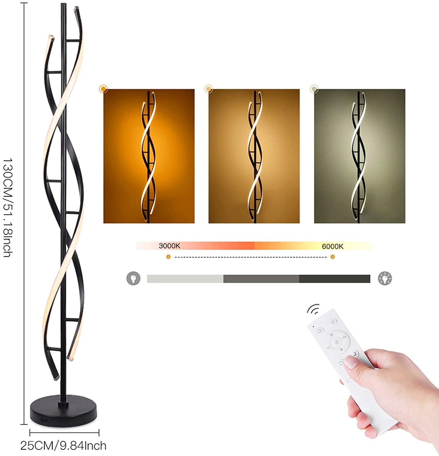 POWROL Modern LED Floor Lamp for Living Room,68 Inch Spiral Floor Lamp with  Remote Control 48W 3 Color Temperature Dimmable Black Corner Floor Lamps  Timer Tall Standing Lamp for Bedroom Office 