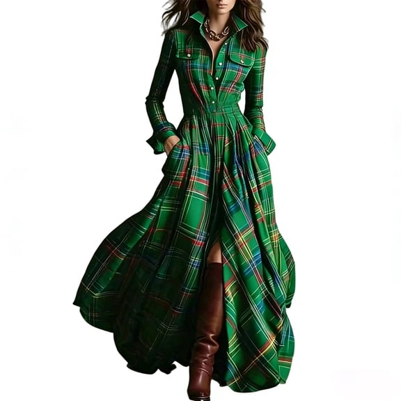 Women s Long Sleeve Plaid Button Down Maxi Shirt Dress Multiple Color Options Flowy Full Length Skirt Side Pockets Collared Neckline Fabric Casual Fall (No belt)