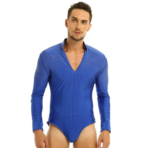iiniim Men Long Sleeve V-neck Press Button Crotch Ballroom Latin Tango Rumba Bodysuit Dance Shirt Royal_Blue XXL