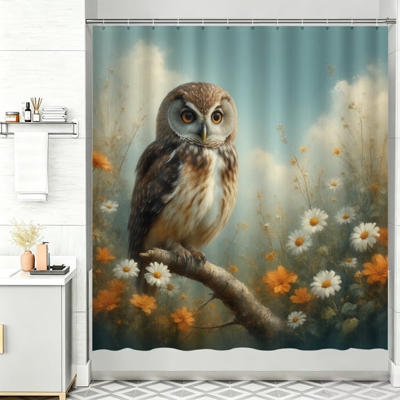 Fall Themed Shower Curtains An owl sitting on a branch in a field of flowers Shower Curtain 72 x 72 Fabric Shower Curtain Washable