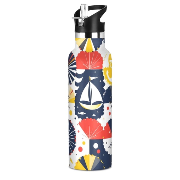 600ml Stainless Steel Water Bottle with Straw/Handle Bike Water Bottle, Primary-nautical Motifs Printed
