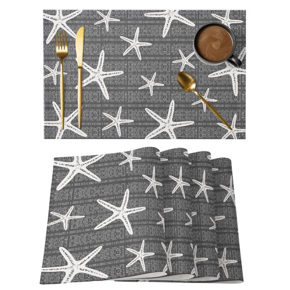 Black Starfish Coastal Placemats Set of 6 Summer Beach Nautical Sea Ocean Place Mats Indoor Wipeable Table Mats Washable Cloth Dining Table Placemats for Kitchen Holiday Party Home Decor 13x19 Inch