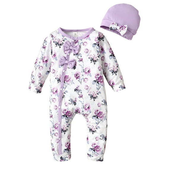 Newborn Baby Girl Clothes Baby Girls One-piece Romper Newborn Girls Long Sleeve Floral Bodysuit with Hat 2PCS Set Purple 0-3 Months