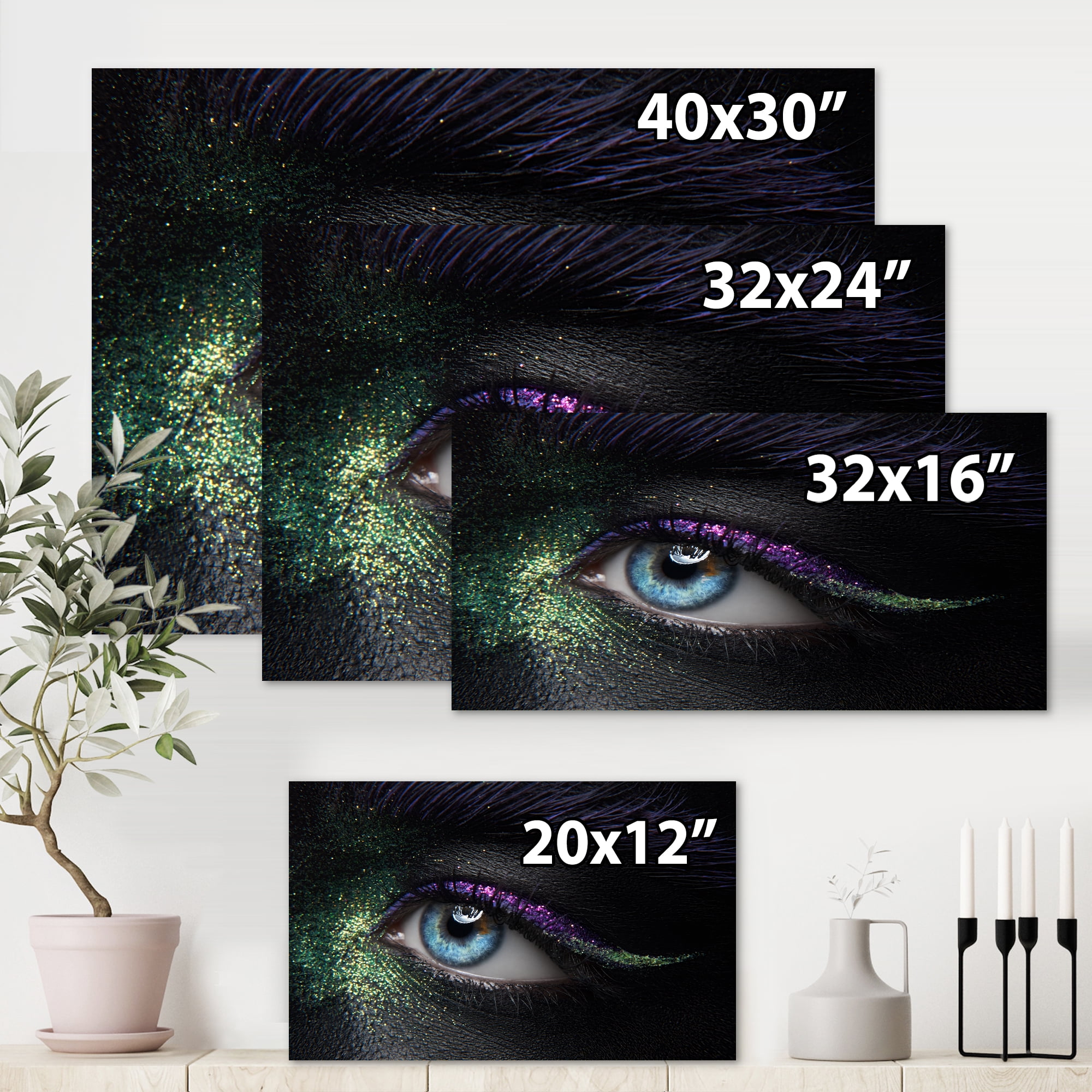 Designart ' Woman Eyes With Green & Purple Pigment & Sparkles ' Modern Canvas Wall Art Print