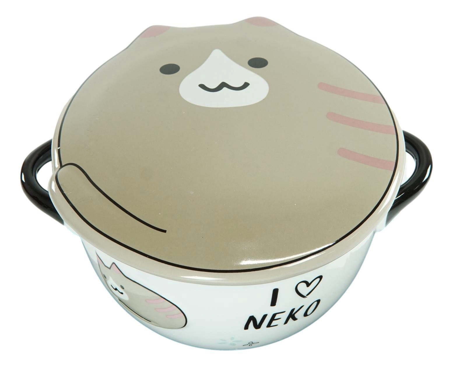 Pack Of 2 Brown Maneki Neko Lucky Cat Porcelain Kids Food Bowls W/ Lid 25Oz