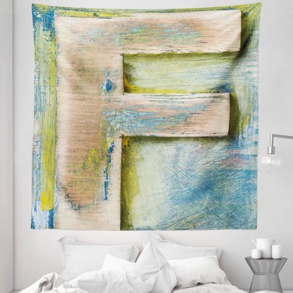 Letter F Tapestry, Damaged Worn Uppercase F Printing Antique Letterpress Block Typeface, Fabric Wall Hanging Decor for Bedroom Living Room Dorm, 5 Sizes, Green Blue Tan, by Ambesonne