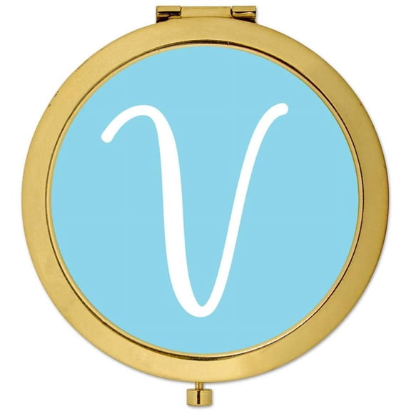 Koyal Wholesale Gold Compact Mirror Bridesmaid's Wedding Gift, Baby Blue, Monogram Letter V, 1-Pack