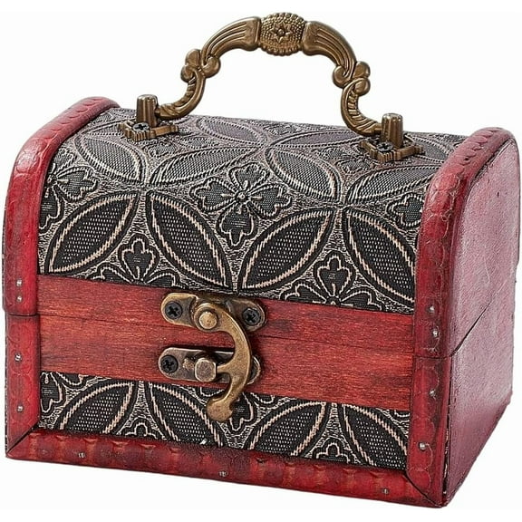 Small Vintage Wooden Treasure Chest Retro Pirate Treasure Keepsake Box Mini European Decorative PU Leather Jewelry Stroage Cases with Handle