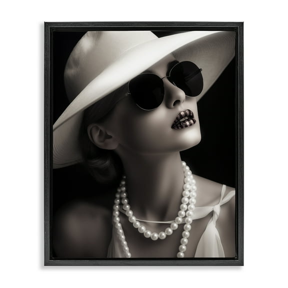 Stupell Industries Trendy Girl with Striped Lips Novelty Painting Black Floater Framed Art Print Wall Art, 17 x 21