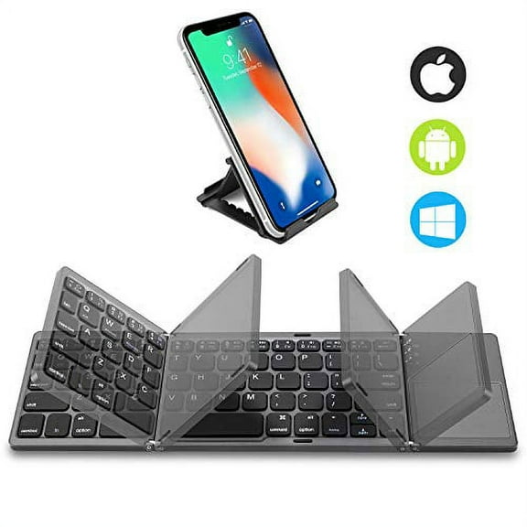 Foldable Bluetooth Keyboard with Touchpad - Samsers Portable Wireless Keyboard with Stand Holder, Rechargeable Full Size Ultra Slim Pocket Folding Keyboard for Android Windows IOS Tablet & Laptop-Gray