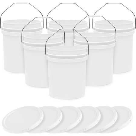 5-Gallon White Bucket Pail Container with Lid | Food Grade | Heavy-Duty 90MIL Extra Durable | Metal Handles with Plastic Grip for Easy Carrying | Multi-Use | Easy Stack and Store | BPA Free - 6 Pack