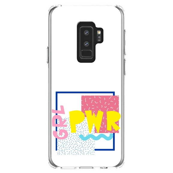DistinctInk Clear Shockproof Hybrid Case for Samsung Galaxy S9  PLUS (6.2" Screen) - TPU Bumper, Acrylic Back, Tempered Glass Screen Protector - Girl Power - GRL PWR - Retro 80's Look