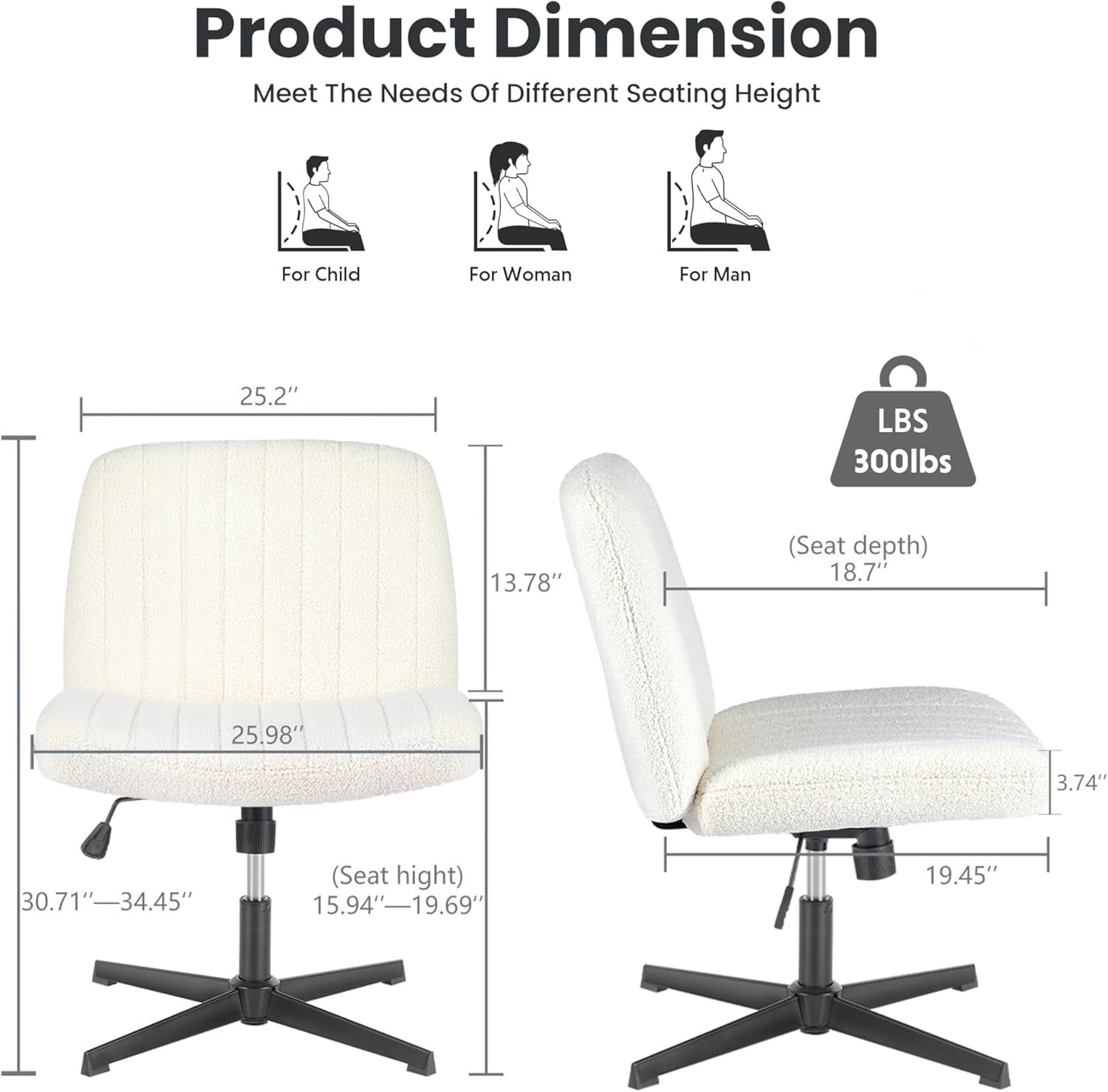 QUIOCOZY Wide Criss Cross Leg Chair, Swivel Office Desk Chair, Adjustable Faux Fur Computer Task Chair, Comfy Armless Vanity Makeup Chair without Wheels for Home & Office