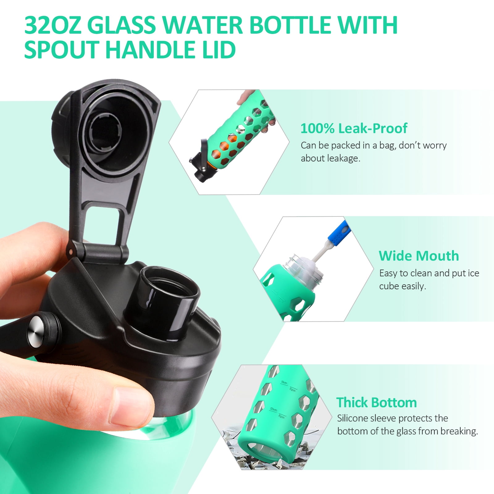 MUKOKO 32oz Glass Water Bottles, Motivational Water Tumbler with 2 Lids-Handle Spout Lid&Bamboo Straw Lid, Time Marker Reminder and Silicone Sleeve, Green