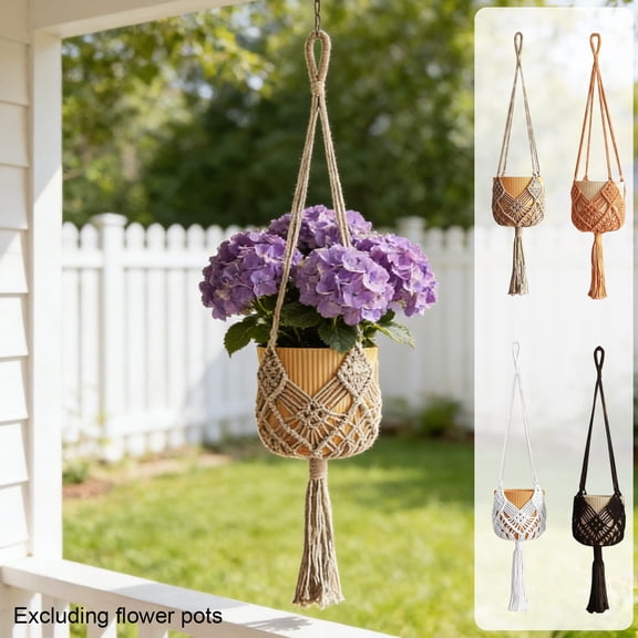 DIY Woven Hanging Flower Basket Kit Mesh Plant Holder, Cotton Rope Hanging Planter Bag, Indoor Outdoor Wall Decor, Fits Flower Pots, Black White Coffee