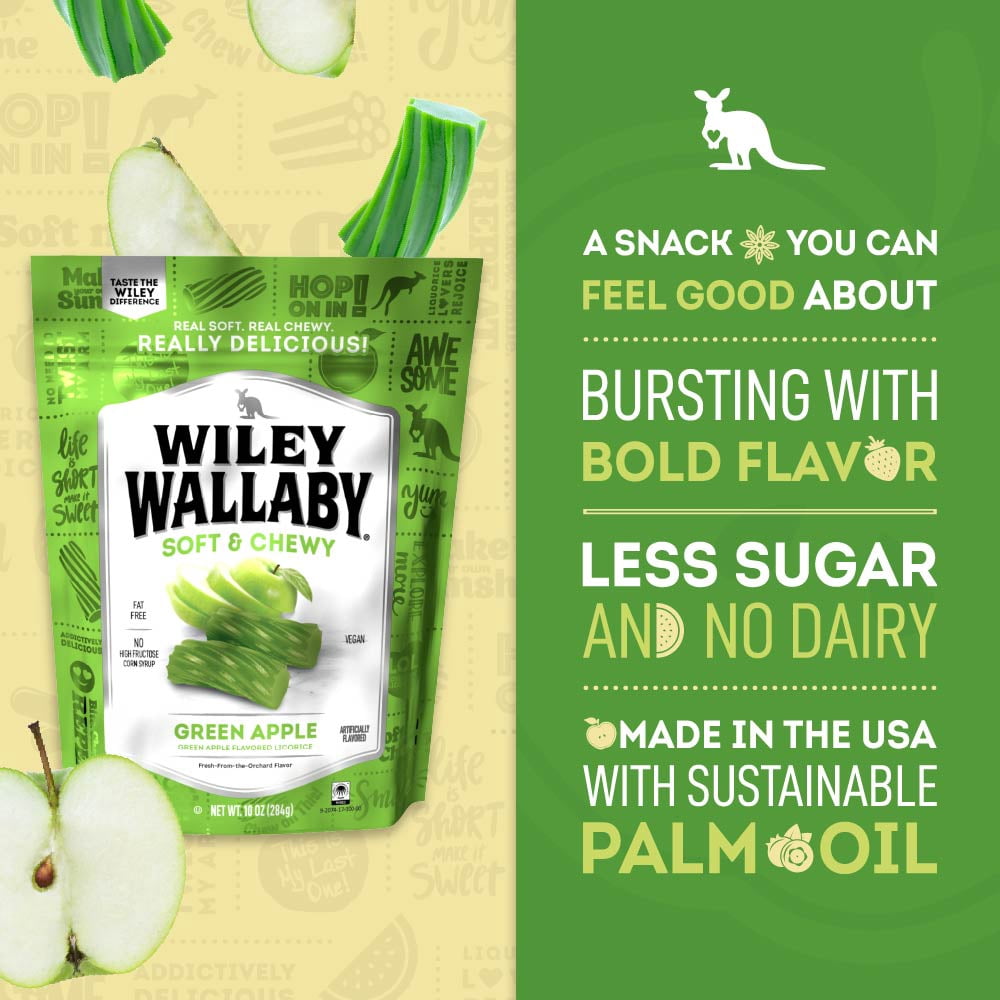 Wiley Wallaby Licorice 10 Ounce Classic Gourmet Soft & Chewy Australian Green Apple Licorice Candy Twists, 10 Pack