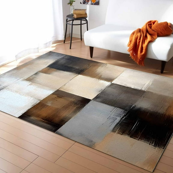 Area Rugs Indoor Non-Slip Rectangle Rug 5x7 Ft Abstract Color Block Beige Geometric Oil Painting Style Rug Rubber Backing Floor Mats Non Shedding Home Decor Carpet for Entryway Living Room