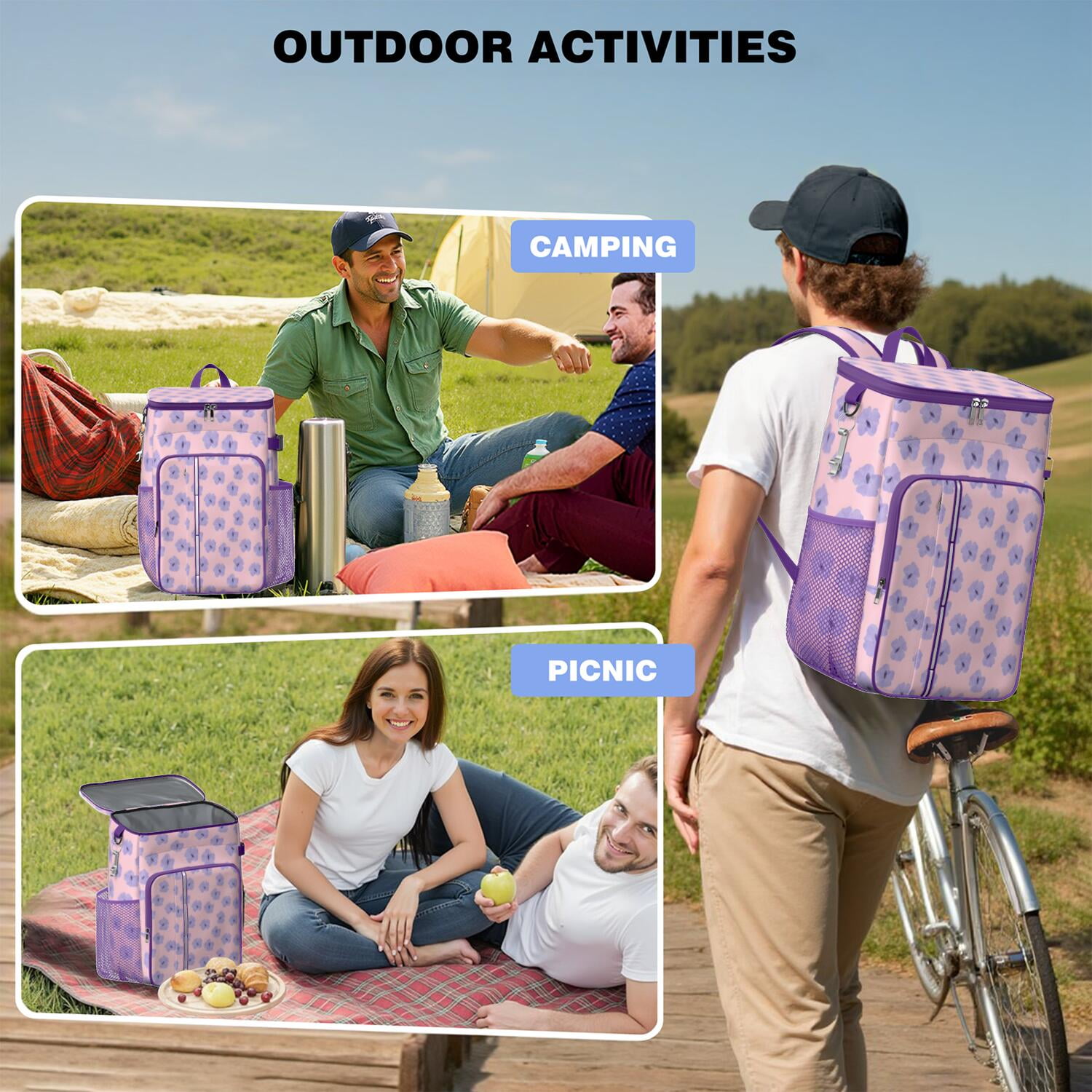 Travel Cooler Bag - Pioneer Flower Floral Print Pattern Camping Beer Cooler Backpack with Bottle Opener- Waterproof Insulated Picnic Backpacks - Cooler Bag for Beach