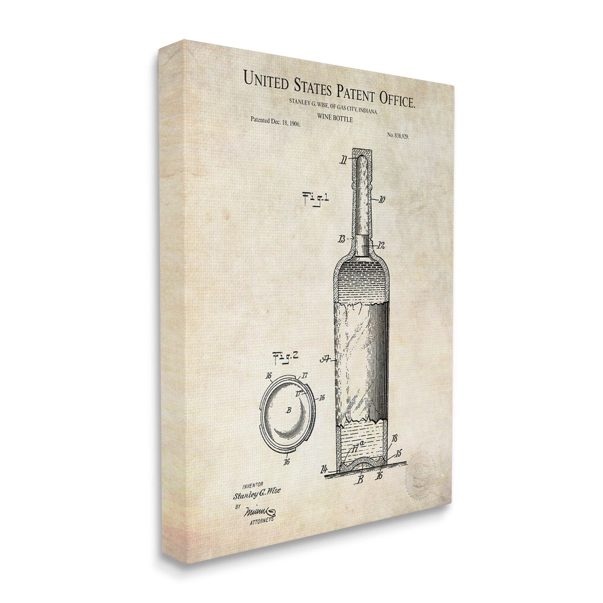 Stupell Industries Patent Text Detailed Wine Bottle Diagram Drawing Canvas Wall Art, 16 x 20, Design by Karl Hronek