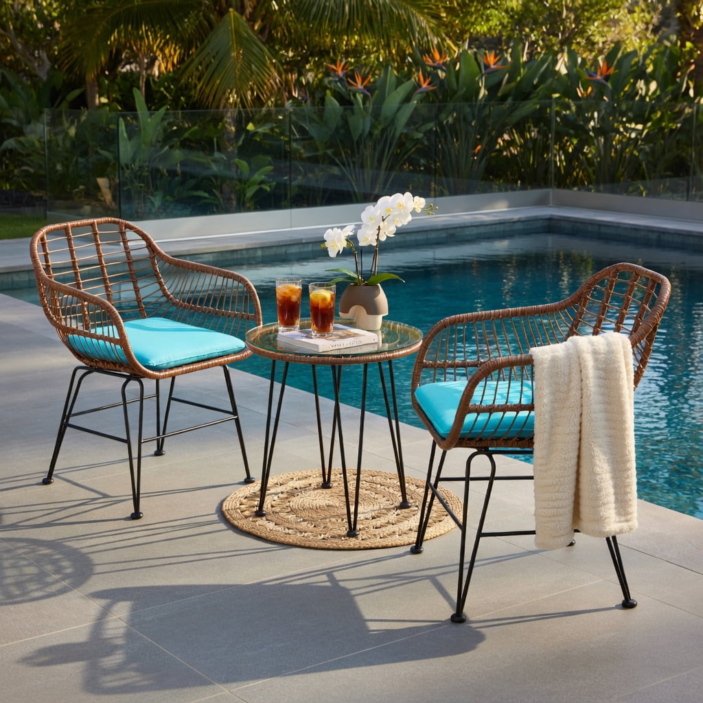 Hommoo 3-Piece Outdoor Rattan Bistro Set with Cushions, Brown Wicker, Tempered Glass Table & Removable Cushions for Patio, Balcony, Poolside, Turquoise