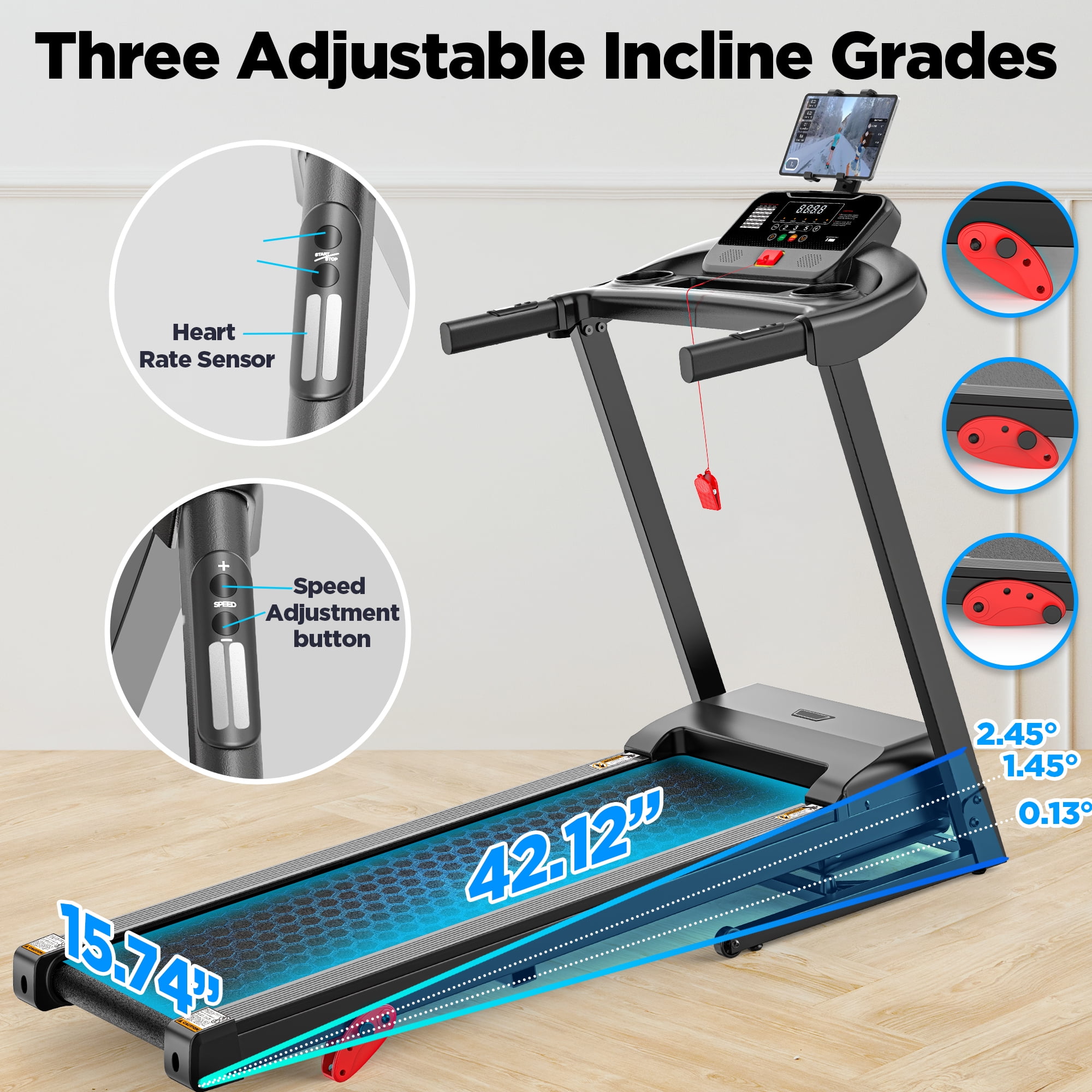 3 HP Foldable Compact Treadmill with 64 Programs, Electric Treadmill with Incline for Home, 7.5MPH, 300 lbs, APP Control, Bluetooth Speakers, Walking Running Treadmill with LCD Display