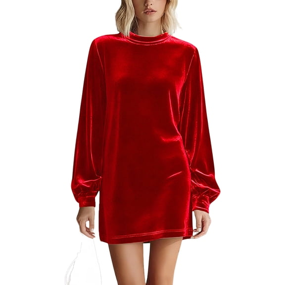 Ygbgbb Women's Soft Comfy Velvet Mini Dresses Casual Long Sleeve Crewneck Dress Elegant Loose Cocktail Party Evening Dresses Red M