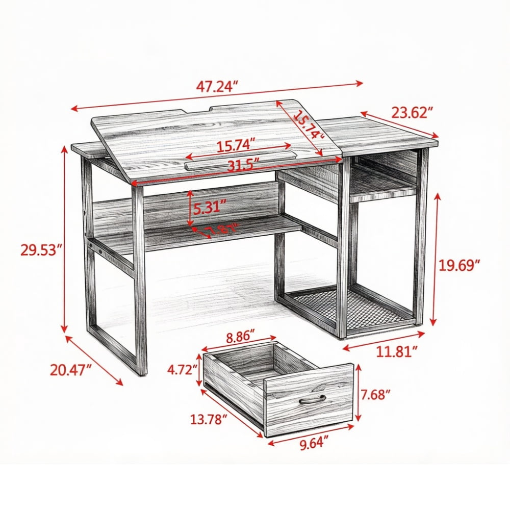Adjustable Drafting Table with Drawer & Shelves, Tilting Desktop Art Craft Desk, Metal Frame Particle Board Workstation 250 lbs Capacity for Home Office